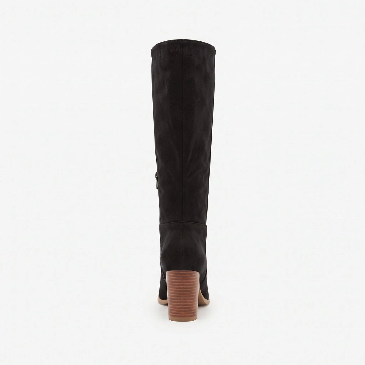 Noir botte femme seule en studio, vue de dos, tige haute, fermeture éclair latérale et talon épais