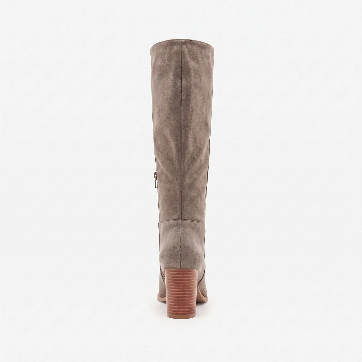 Taupe botte seule en studio, vue de dos, tige montante, zip latéral, talon épais