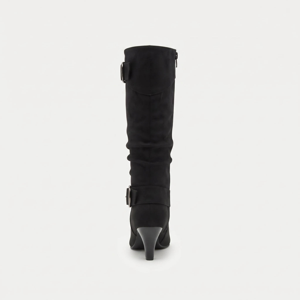 Noir botte femme seule en studio, vue de dos, boucles à anneau métallique en haut de tige et à la cheville, talon fin
