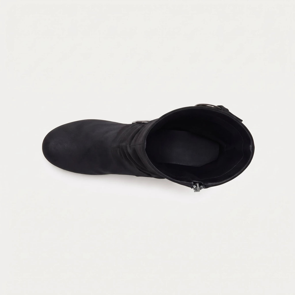 Noir botte seule vue de dessus, ouverture de tige et intérieur doublé, bout pointu et fermeture éclair sur le côté