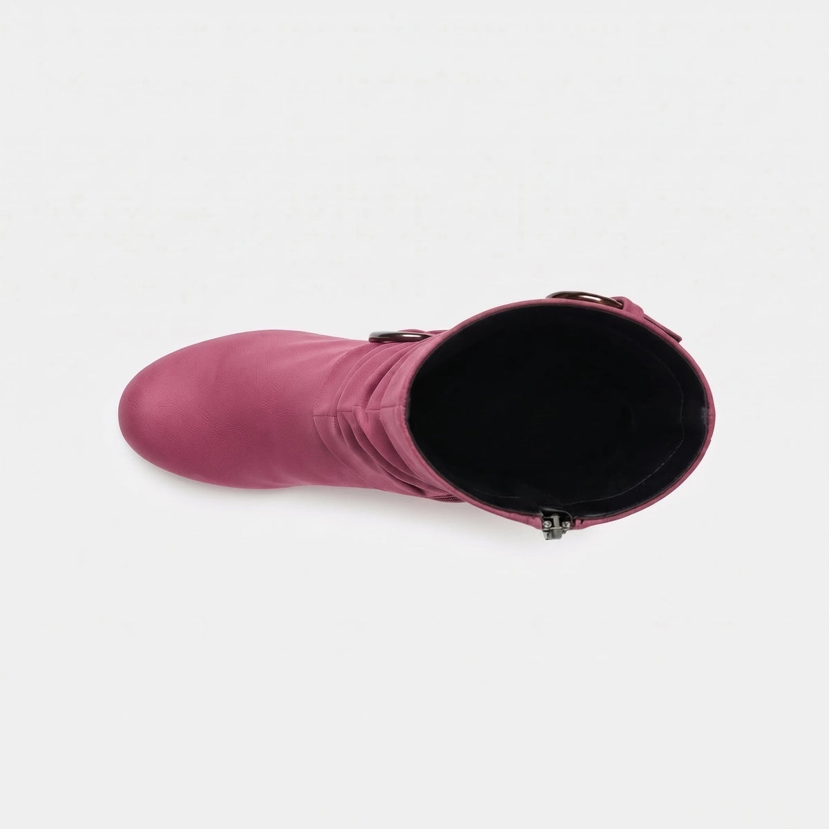 Rose fuchsia botte seule vue de dessus, ouverture de tige et intérieur doublé, bout pointu et fermeture éclair sur le côté