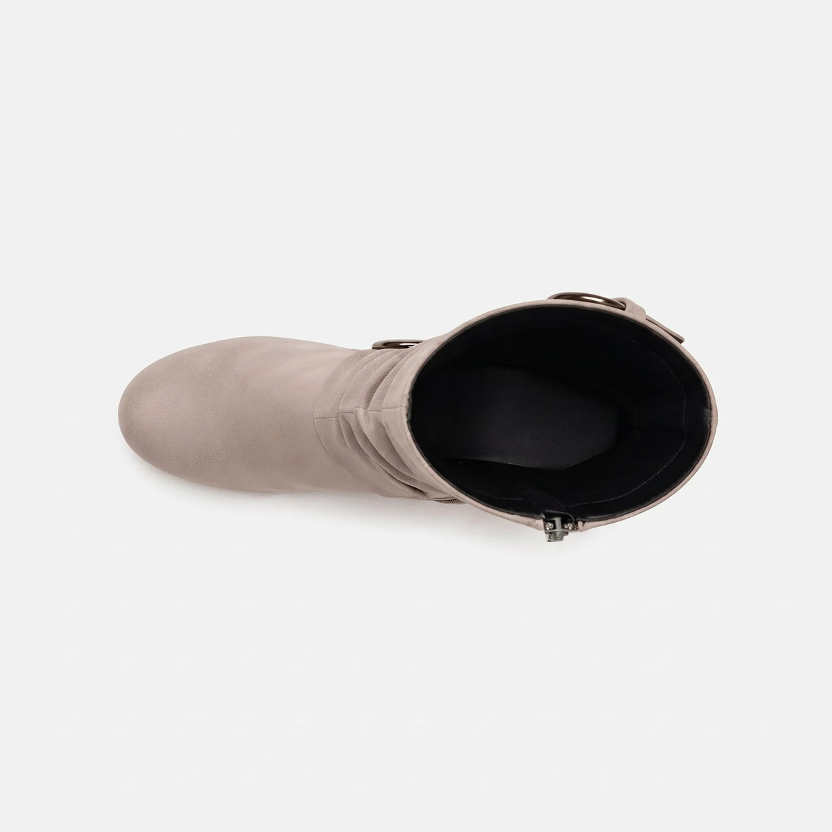 Taupe botte seule vue de dessus, ouverture de tige et intérieur doublé, bout pointu et fermeture éclair sur le côté