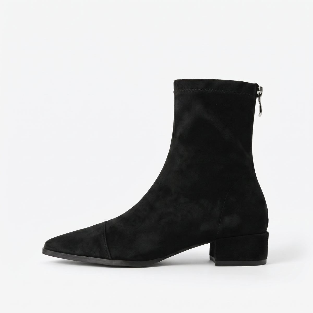 Noir bottines bout pointu zip dos femme profil latéral bout à gauche Chaussay