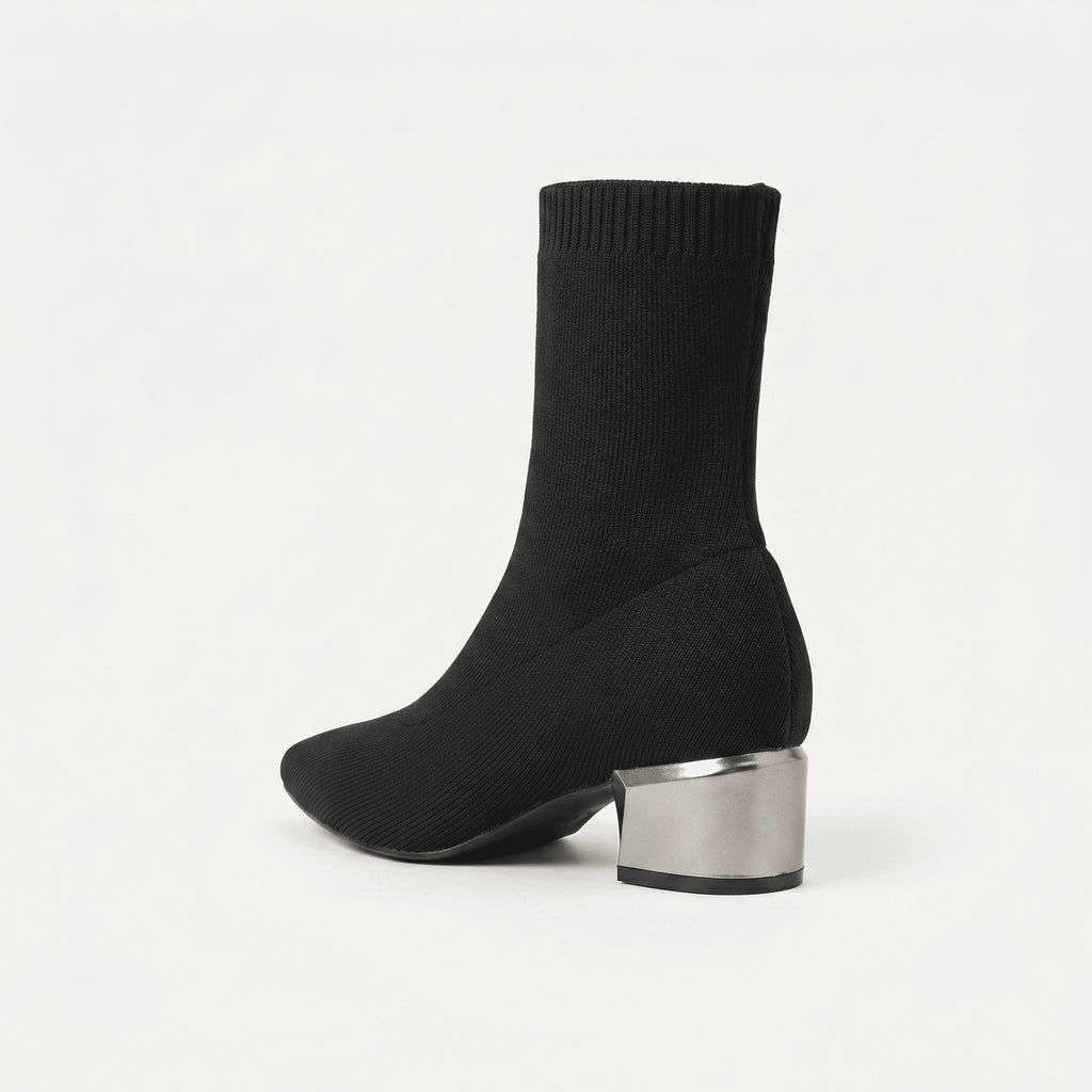 Noir bottines chaussettes tricotées bout pointu vue talon carré